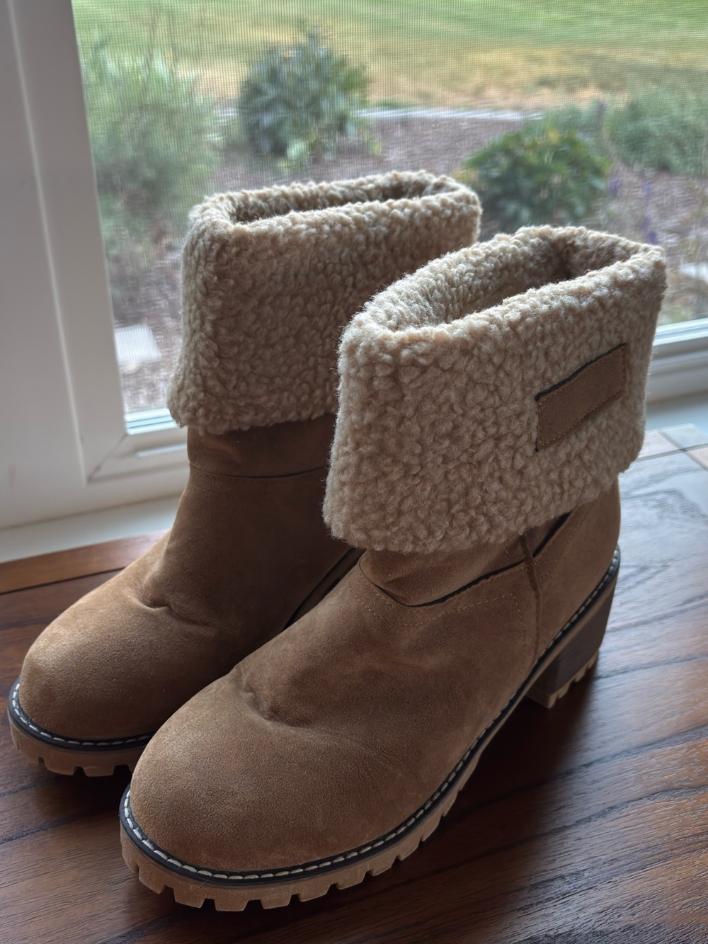Women’s Tan Suede Like  Shearling Cuff Ankle Boots